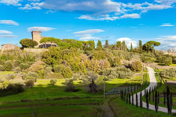 Italia Belleza Mágica Provincia Toscana Amanecer Camino Tierra Escénico Cima —  Fotos de Stock