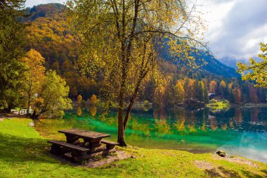 Banklı ahşap masa. Fuzine Gölü. Sarı ve portakal ağaçları gölün yeşil yumuşak suyuna yansımaktadır. Alpler, Kuzey İtalya 