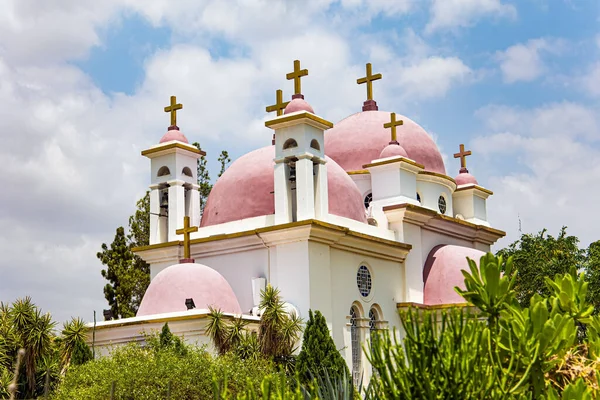 Cúpulas Cor Rosa Com Cruzes Douradas Mosteiro Nas Margens Mar — Fotografia de Stock