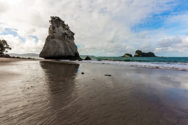 stock image Ocean tide in the Cathedral Cove. Travel to New Zealand. Mirror reflections of clouds in wet sand. The concept of exotic, ecological and photo tourism