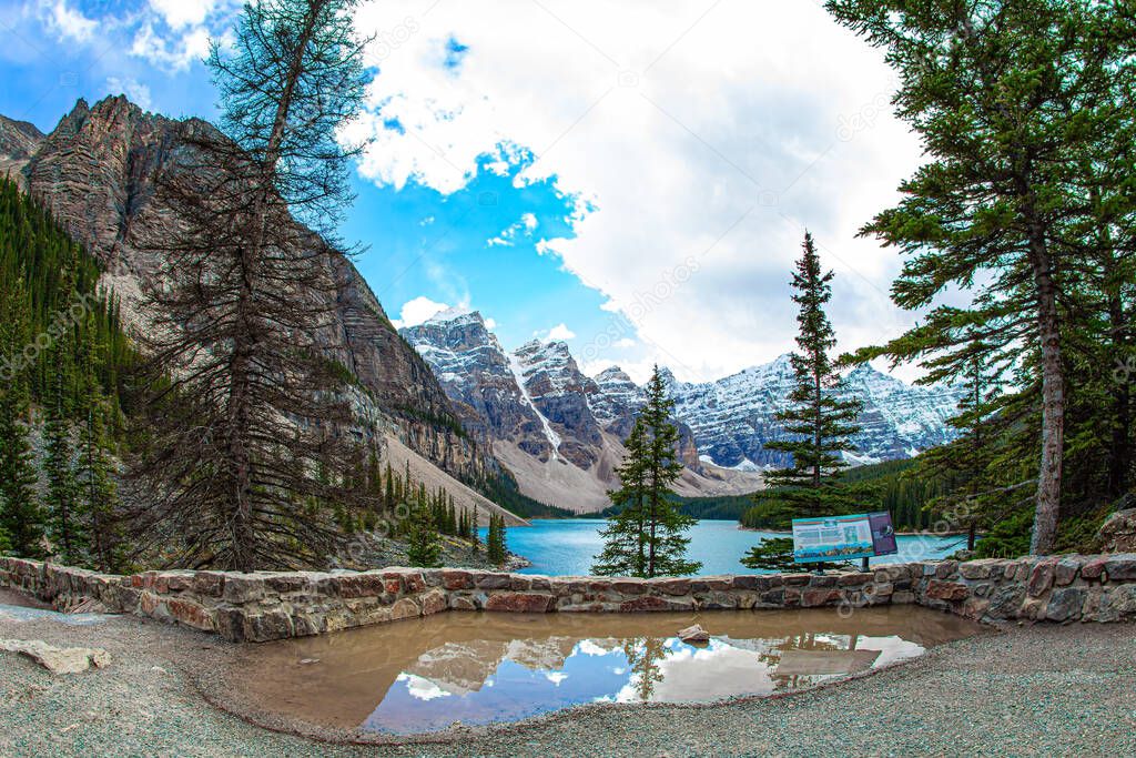Travel to northern Canada. The glacial lake is fed by glacier melt water and is located in the Valley of the Ten Peaks. Canadian Rockies. Magnificent mountain lake Moraine. 
