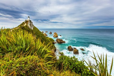 Nugget Point Deniz Feneri, Nugget Burnu 'nda. Güney Adası, Yeni Zelanda. Pasifik Okyanusu kıyısında. Aktif, çevresel ve fotoğraf turizmi kavramı
