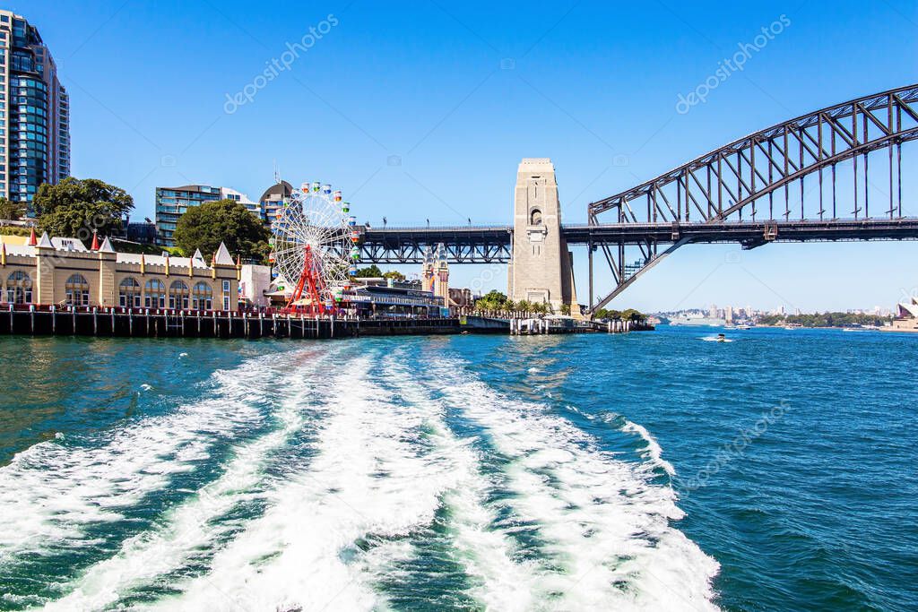 Boat trip on a tourist boat along the picturesque shores of the port. Australia. Sydney is the capital of New South Wales. Harbor Bridge
