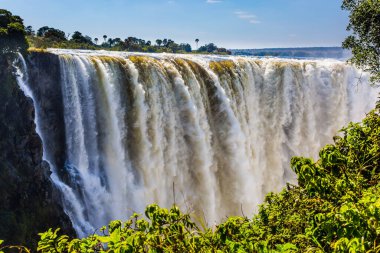 Yağmur mevsiminden sonra yolculuk. Yağışlı mevsimden sonra Victoria Şelaleleri. Victoria Ulusal Parkı, Zambezi Nehri. Ekstrem ve fotoğraf turizmi kavramı