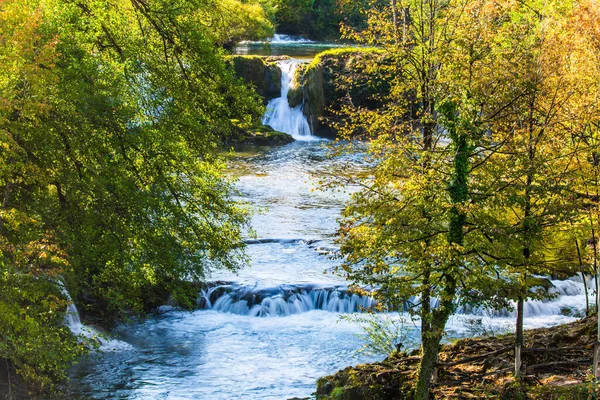 森は川を取り囲む クロアチアへの旅行 スランジの小さな町 コラナ川の滝の壮大なカスケード 生態学的 積極的かつ写真観光の概念 — ストック写真