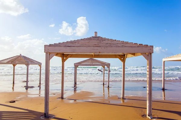Winter Israel Windy Sunny Day Mediterranean Coast Beach Canopies Sand — Stock Photo, Image
