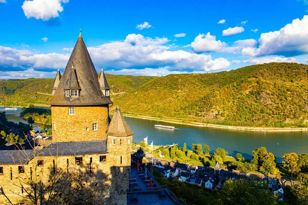 Magnificent Rhine Towers Conical Peaked Roofs Sunset Rhine Castles Journey — Stock Photo, Image