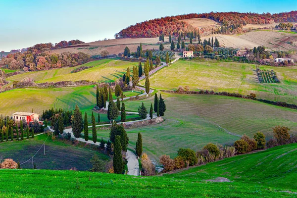 Estrada Sinuosa Para Quinta Magnífica Província Italiana Toscana Campos Colinas — Fotografia de Stock