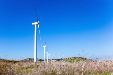 İsrail 'de sıcak kış. Gilboa - Jezreel Vadisi 'ndeki dağ sırası. Rüzgar çiftliği birkaç pitoresk rüzgar jeneratöründen oluşur.
