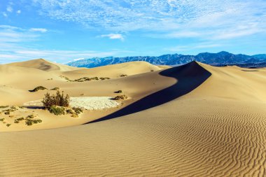 ABD. Mesquite Düz Kum tepeleri Kaliforniya 'daki Ölüm Vadisi' nin bir parçasıdır. Kum tepeleri turuncu günbatımıyla aydınlanıyor. Kumsalda sihirli ışık oyunu. Ekolojik ve fotoğraf turizmi kavramı