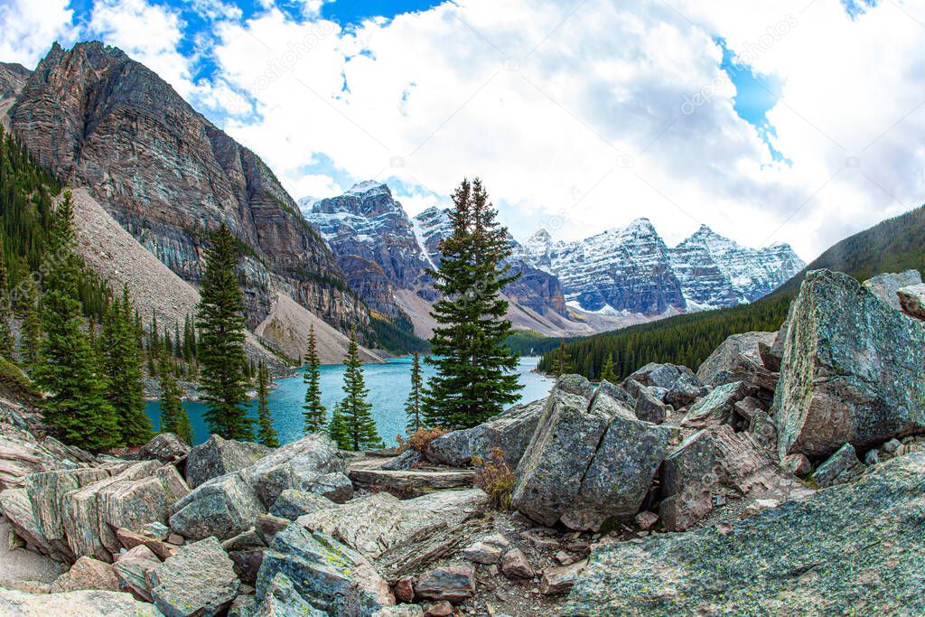 Canadian Rockies. Magnificent mountain lake Moraine. The glacial lake is fed by glacier melt water and is located in the Valley of the Ten Peaks. Travel to northern Canada