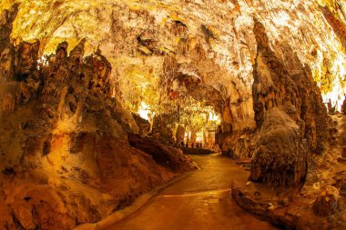 Sarkıtlar ve dikitlerle dolu muhteşem bir yeraltı mağarası. Slovenya 'daki devasa mağara sistemi. Postojna Mağarası. Kireçtaşı yaylası