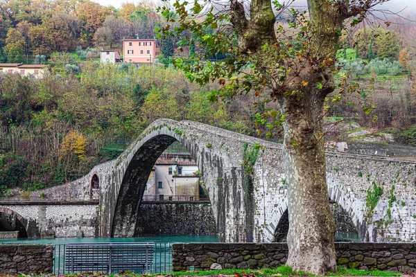 イタリアだ トスカーナ州 ポンテ デッラ マッダレナ モッツァーノのボルゴの小さな町の近くにSerchio川を渡る壮大な建築の中世の橋 — ストック写真