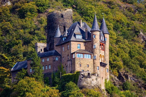 ライン川の高い丘陵地帯にある壮大な中世の城 中世ドイツへの旅 鬱蒼とした森の真ん中の急な丘の中腹に城 — ストック写真
