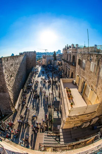 Coucher Soleil Porte Jaffa Vieille Ville Dans Sainte Jérusalem Touristes — Photo