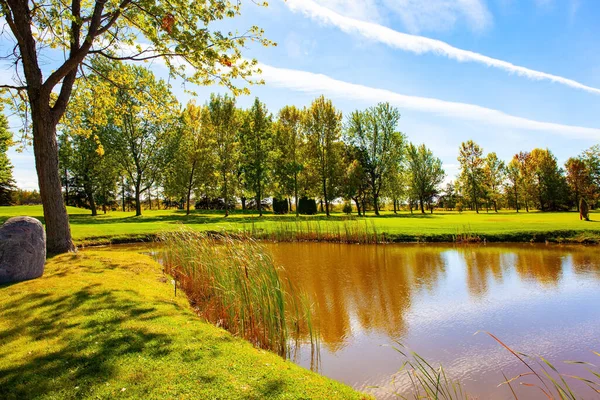 Sığ göl. Muhteşem, parlak sonbahar manzarası. Yeşil, sarı, turuncu ve sarı yapraklı ağaçlar. Sonbaharın parlak renkleri. Kanada, Quebec eyaleti. 