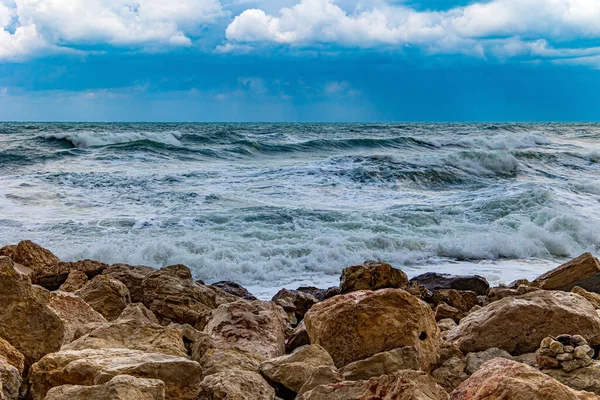 Magnificent Storm Stormy Mediterranean Sea Coast Old Port Tel Aviv — Photo