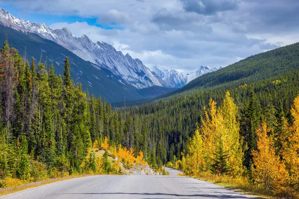 Mountain Peaks Covered Snow Glaciers Highway Rocky Mountains Canada Asphalt — Stok fotoğraf