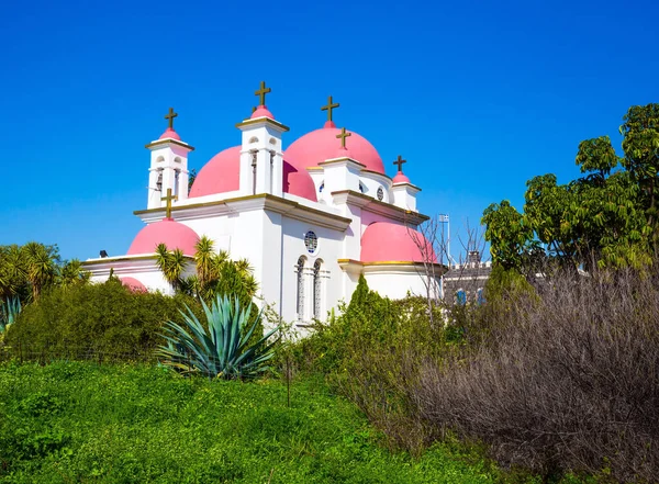 Snow White Church Pink Domes Golden Crosses Orthodox Monastery Church — Zdjęcie stockowe