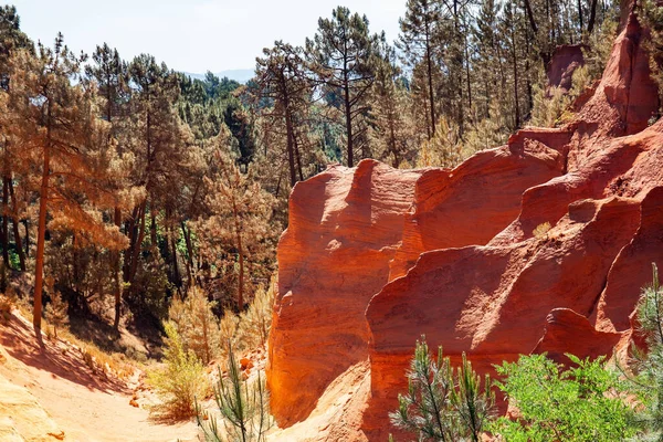 Picturesque Rocks Natural Ocher Lit Midday Sun Rocks Covered Forest — Foto Stock