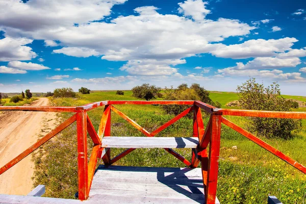 Ponte Osservazione Con Ringhiere Rosse Margini Del Campo Campi Fiori — Foto Stock