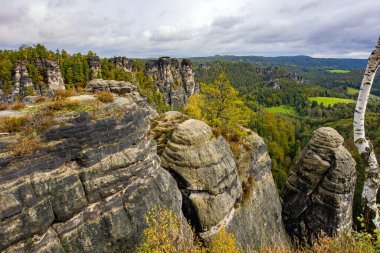 Almanya. Bastei 'nin Elbe Nehri üzerindeki resimli kumlu uçurumları. Muhteşem baş döndürücü manzara. Bulutlu bir sonbahar günü. Sakson İsviçre 'ye romantik bir gezi.