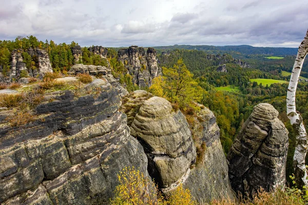 Germany Picturesque Sandy Cliffs Bastei Elbe River Spectacular Dizzying Landscape — Stok Foto