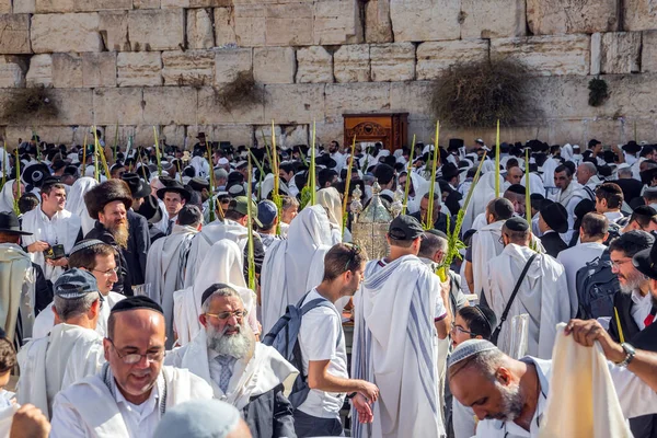 Jerusalem Israel September 2018年9月26日 犹太人用喜庆的白色塔里叶包裹着祈祷 Cohanim家族的祝福西墙的感触仪式朝圣的概念 — 图库照片