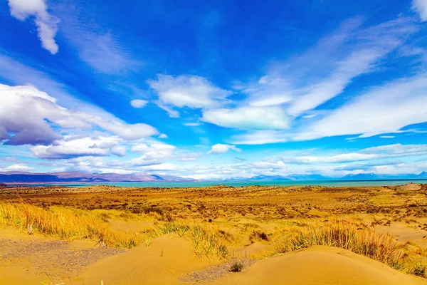 Argentine Patagonia Endless Flat Prairie Overgrown Yellow Autumn Grass Lake — стоковое фото