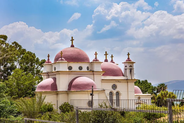 十二使徒希腊东正教修道院 Capernaum教堂周围的热带公园 在加利利海岸边 粉色圆顶上有金色的教堂十字架 以色列 — 图库照片