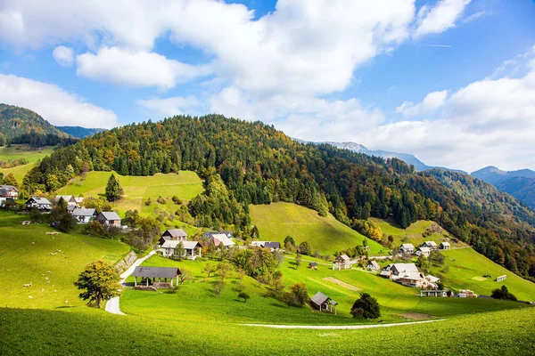 山の谷の小さな村 写真はジュリアン アルプス 美しい秋の日 魅力的な牧歌的な 山の谷の緑の芝生 スロベニアへの旅行 — ストック写真