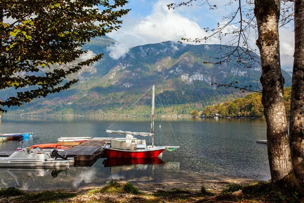 セーリングヨットやモーターボートは湖の岸に係留されています ボヒンジ Bohinj ユリアン アルプスの高山湖である スロベニア 澄んだ水の壮大な湖は鬱蒼とした森に囲まれています — ストック写真