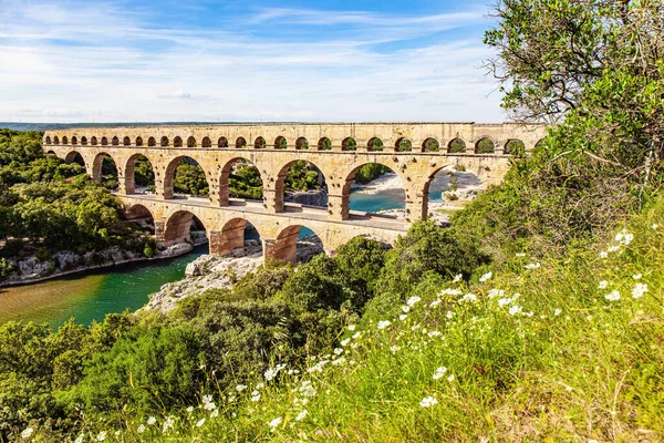 Acueducto Pont Gard Arcade Tres Niveles Poco Profundo Río Gardon — Foto de Stock