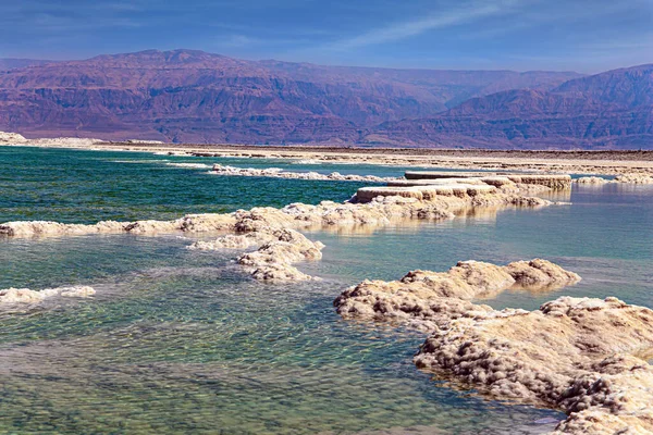 イスラエルの死海沿岸 蒸発した塩は複雑なパターンを形成する 冬の春の日 ヨルダン海岸のピンク色の山々 青い空を雲が飛ぶ — ストック写真