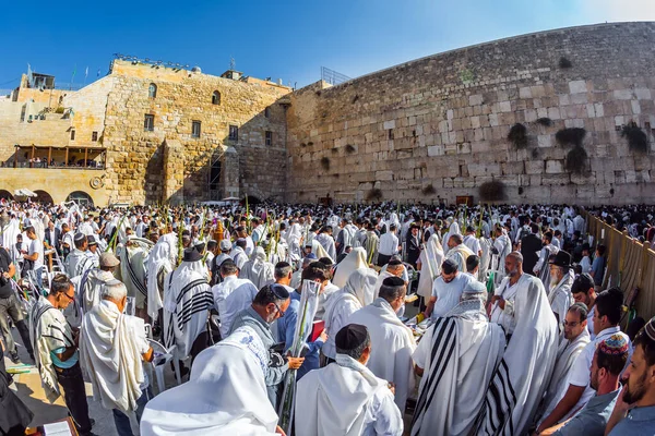 用喜庆的白色塔利特包裹着的犹太人祈祷 Cohanim家族的祝福在圣殿西墙举行的喜庆仪式令人振奋 耶路撒冷 宗教和摄影旅游的概念 — 图库照片