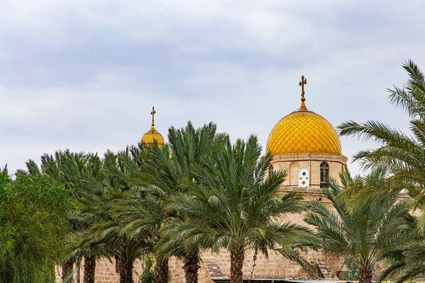 The monastery of Gerasim of Jordan is a male monastery of the Jerusalem Orthodox Church. Judean Desert, Israel. The monastery was built one and a half thousand years ago. The dome topped with crosses