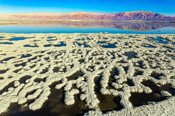 Mer Morte Journée Ensoleillée Hiver Sel Évaporé Forme Des Motifs — Photo