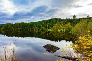 Buzul Gölü Wingdfaller See. Almanya, Schwarzwald. Bulutlar ve kıyı ormanları berrak ve pürüzsüz sulara çok güzel yansıyor. Serin bir sonbahar günü