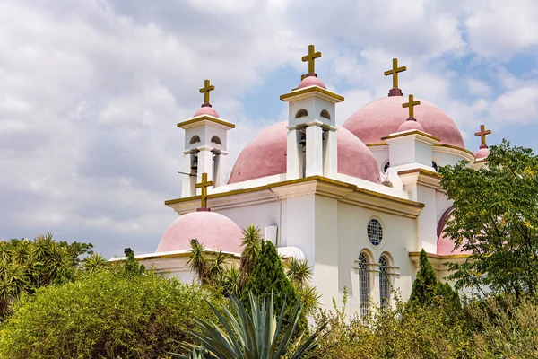 12使徒のギリシャ正教会の修道院 カペナウム イスラエルだ 教会の周りの熱帯公園 ガリラヤ湖のほとりにある修道院の黄金の十字架を持つピンクのドーム — ストック写真