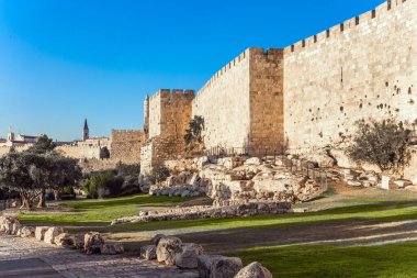 Summer sunset. The fortress wall of ancient Jerusalem. Tower of David - Old Citadel. Adorable green lawn growing under ancient walls. The concept of historical, pilgrim and photo tourism