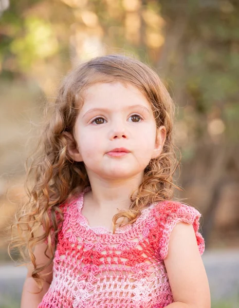 Portrait Little Charming Girl Curly Hair Plays Green Grassy Lawn — 图库照片