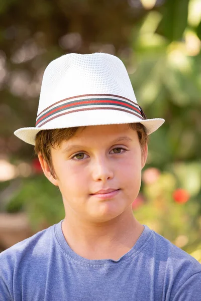 Handsome Charming Boy Brown Hair Green Eyes Posing White Hat — Stockfoto