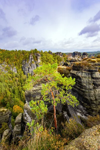 Picturesque sandy cliffs of Bastei over the Elbe River. Beautiful spectacular landscape. Germany. Cloudy autumn day. Romantic trip to Saxon Switzerland.