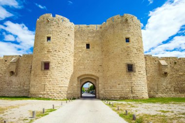 Picturesque powerful fortifications and gates defend the port city of Aigues-Mortes. Around the walls are green lawns.  The concept of historical and photo tourism