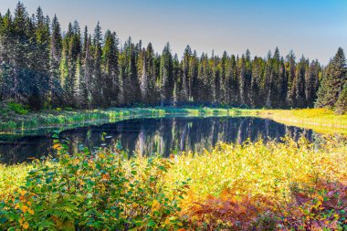The smooth surface of the lake reflects the blue sky. Wells Gray is a park in the Canadian province of British Columbia in the Rocky Mountains.