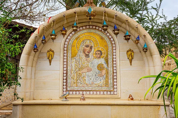 Icon of the Virgin Mary the Mother of God. Judean Desert, Israel. The monastery of Gerasim of Jordan is a male monastery of the Jerusalem Orthodox Church.