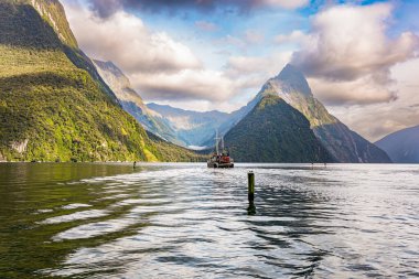 Milford Sound 'un yumuşak sularında bir turist teknesi. Yeni Zelanda. Güney Adası. İtfaiye parkı. Güney yarımkürenin büyülü doğası. 