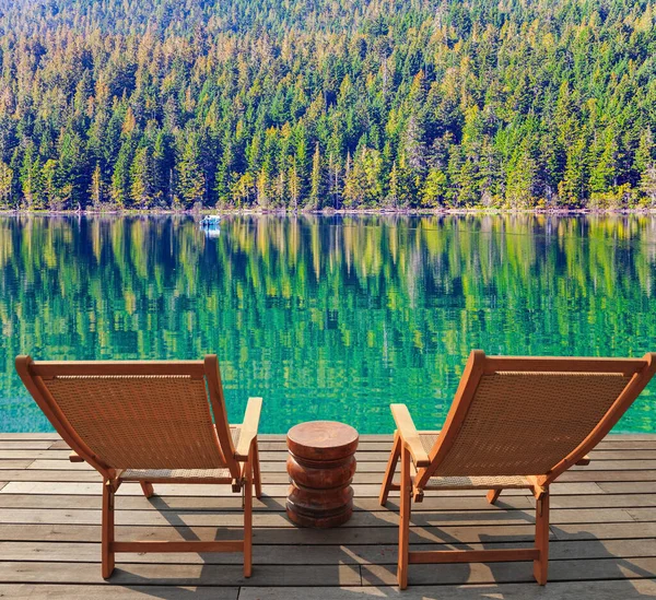 Two Wooden Deck Chairs Set Bank Helmken Waterfall Park Wells — Stock Photo, Image