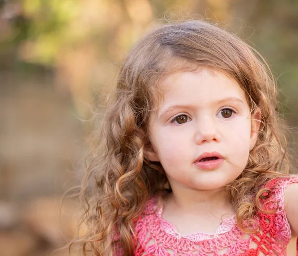 Piccola Ragazza Affascinante Con Capelli Ricci Gioca Prato Erboso Verde — Foto Stock