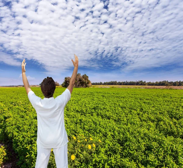 Woman Doing Yoga Flowers Walk Fresh Green Grass Wildflowers Blooming — Stock Photo, Image